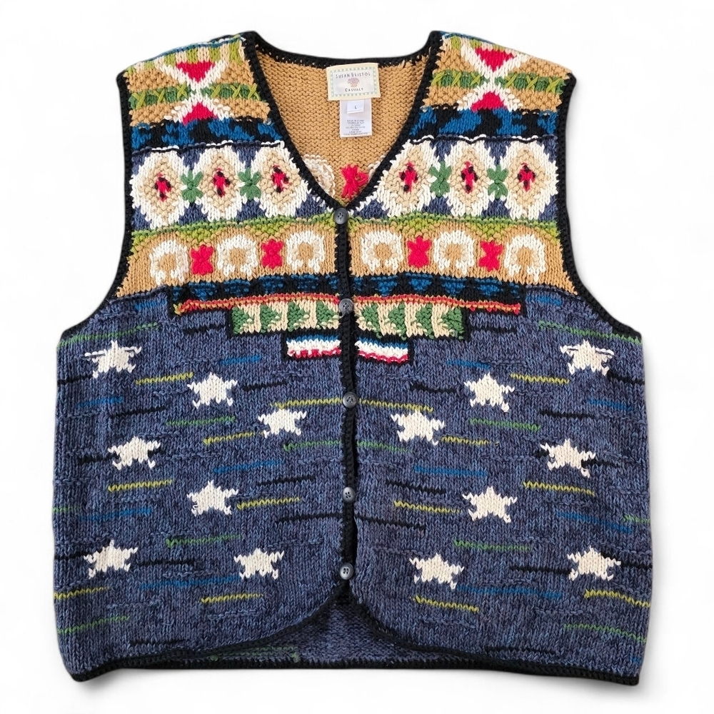 Vintage '98 Susan Bristol Hand Knit Sweater Vest L Cabincore Cottagecore Preppy